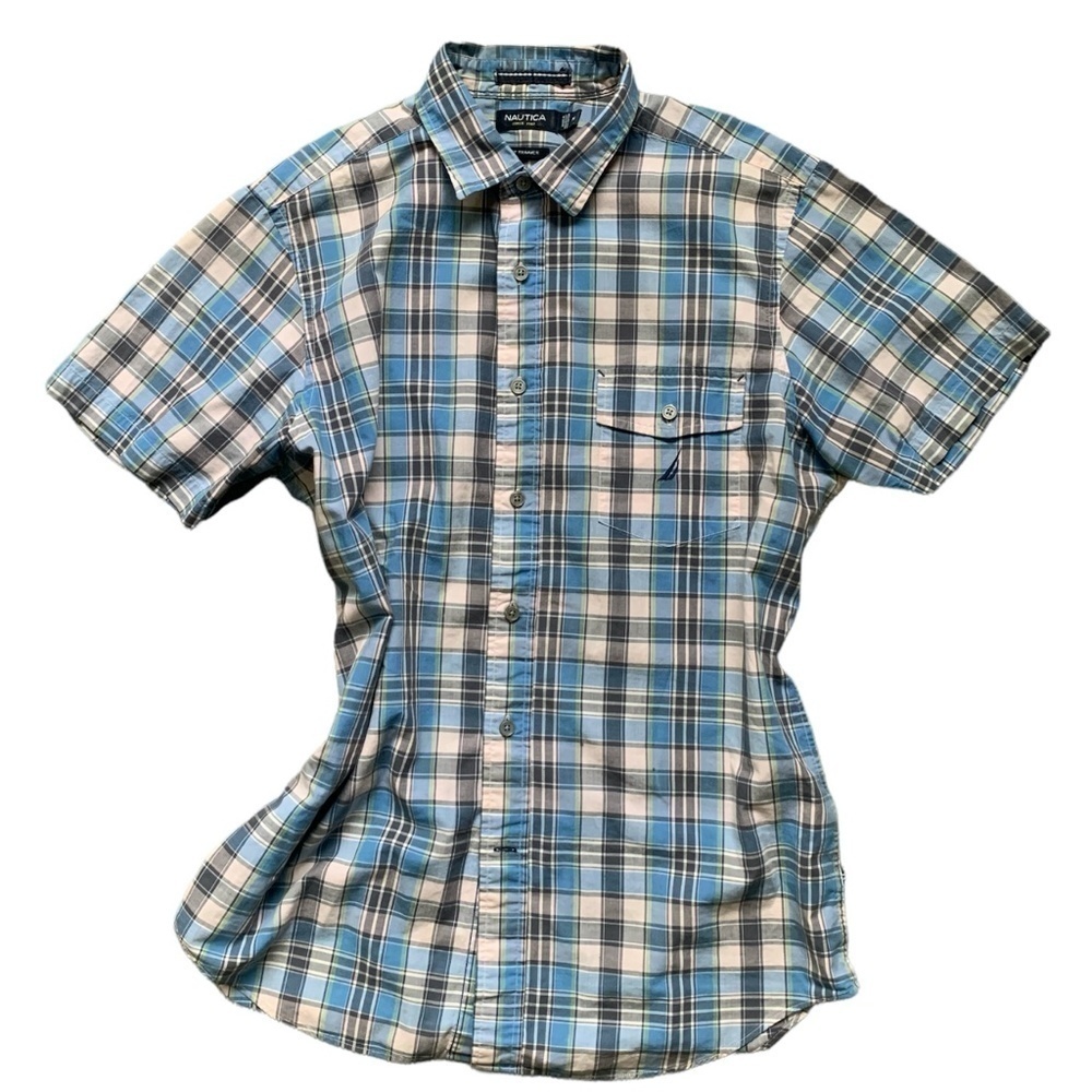 Nautica "A Bit Trimmer" Mens M Short Sleeve Plaid Button Down Cotton Shirt 51D‎